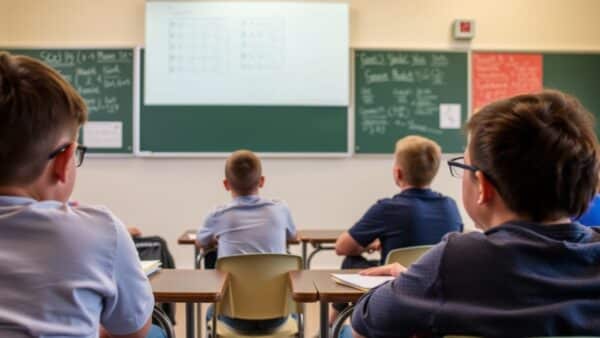 Sınıfta oturan öğrenciler beyaz tahta üzerindeki matematik sorularına bakıyor