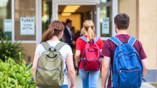 Sırt çantasıyla dershaneye giren öğrenciler