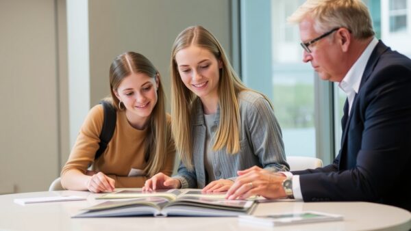 Bir öğrencinin ve danışmanın masadaki broşüre birlikte baktığı an